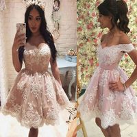 Pink Lace Homecoming Dresses for Juniors Applique Off Shoulder Tulle Plus Size Short Prom Dress Party Ball Gowns Graduation Club Wear Cheap