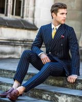 Nieuwe Classic Design Bruidegom Tuxedos Double Breasted Blue Stripe Peak Revers GroomsMen Beste Man Suit Mens Bruiloft Pakken (Jas + Broek + Tie) 554