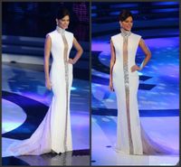 Miss Universe Pageant Abendkleider Weiß hohe Ansatz Bling Kristalle mit Flügelärmeln Tulle-Nixe Günstige 2020 Promi-Kleider formale Abschlussball-Kleider