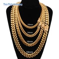 8mm/10mm/12mm/14mm/16mm Stainless Steel Jewelry 18K Gold Plated High Polished & Cubic Zirconia Clasp Miami Cuban Link Necklace Men Chain
