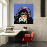 Gorila Escuchando La Música Pintado a mano Divertido Animal de la historieta Arte de la pared Pintura al óleo Decoración para el hogar En la lona. Múltiples tamaños / marco Opciones A118
