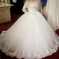 Vestidos de novia vestido de encaje balón atractivo moldeado con Sheer manga larga de tul marfil más el tamaño de vestidos de novia del corsé por encargo