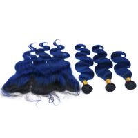 Dark Blue Ombre Brazilian Human Hair Wefts with Full Lace Frontal 13x4 Body Wave #1B/Blue Ombre Human Hair Bundles with Frontal Closure