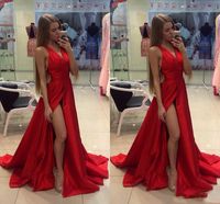 2018 Tanie Udo Slits Splid Red Prom Dresses V Neck Sexy Open Back Sweep Pociąg Custom Make Formal Prom Suknie Specjalne okazje
