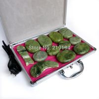 High quality 14pcs set green jade body massage hot stone face back massage plate SPA with heater box CE and ROHS