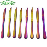 JANKNG 8Pcs / Lot 레인보우 다채로운 도금 반짝 이는 스테인레스 스틸 칼 붙이 나이프 세트 스테이크 나이프 식기 주방 음식 도구