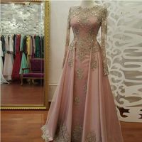 ouro Blush Rose manga comprida Vestidos de noite para as mulheres usam Lace apliques de cristal Abiye Dubai Caftan muçulmanos Prom Party vestidos de 2018