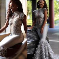 Sexy Africana Nigeriana Tallas grandes Formales Vestidos de noche formales 2018 Modest Silver Lace 3D Rose Floral Sirena de cuello alto vestidos de noche