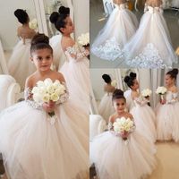 Ucuz Allık Pembe Çiçek Kız Elbiseler Düğün için Uzun Kollu Dantel Aplikler Balo Sweep Tren Doğum Günü Kız Communion Pageant Abiye