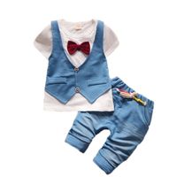 Moda Dzieci Fałszywe Dwa 2 sztuk Ubrania Kostium Baby Boy T-shirt Top + Krótkie Spodnie Outfit Set Dzieci Dżentelmenem Zestawy odzieżowe
