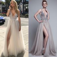 2018 Hot Sexy Grogeous Sheer Pholed Top Top V-Neck Eveing ​​Dress Prom Dress Dress Lungo Sliver Paillettes Perline Mix Tulle Party Dress Backless Split front