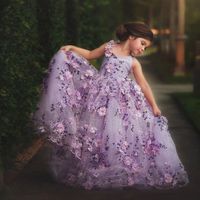 Floral 3D apliqueado vestido de bola de encaje Vestidos de niña para niña para boda en v cuello niño dddler concurso vestir barrido tren tullle niños vestido de fiesta