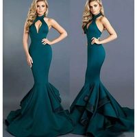 2018 Michael Costello Evening Gowns Formal Wear Sexy Design Dark Green High Collar Cuthole Backless Ruffled Sweep Train Mermaid Prom Dresses