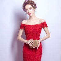 Luxuoso laço vermelho one-empurrado sexy magro rabo de peixe banquete vestido de festa de Ano Novo vestido de noiva brindes vestido