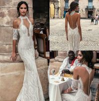 Julie Vino sirena vestidos de novia 2019 cuello alto de encaje media manga vestidos de novia barrido tren apliques vestido de boda de playa