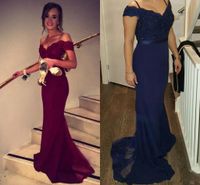 2021 Cheap sexy Prom Dresses Off the Shoulder Appliques Beads Mermaid Modest Navy Blue Red Evening Party Gowns Robe De Soiree