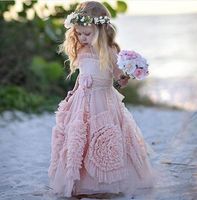 Rosa Halter festinha Meninas Ruffles Vestidos Menina de flor por Praia Piso casamento Length Pageant Vestidos Custom Made