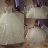 Glitter trouwjurken met lange mouwen V-nek gezwollen rok Sparkly backless prinses tuin Burgerlijke bruidsjurk