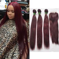 Brazilian Straight Human Hair #99J Burgundy 3 Bundles with 4X4 Middle Part Lace Closure Wine Red Hair Extensions Length 12-24 Inch 100g/Pcs