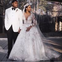Sparkly 2019 Princess Sequined Wedding Dresses Deep V-neck Long Sleeve Africa Bridal Gown Puffy Skirt Wedding Gowns