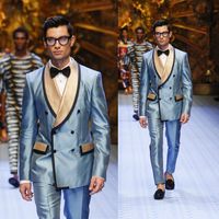 Nieuwste Blue Double Breasted Groom Tuxedos Twee stukken Mens Designer Suits Custom Made Slim Fit Pak voor bruiloften Beste man Pakken (jas + broek)