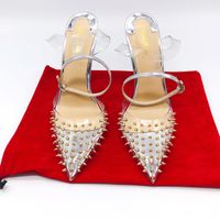 Повседневные дизайнер Sexy Lady женщин сандалии серебряные золотые патентные реальные кожаные шипы шиповники лодыжка-обертывание strass заостренный носок стриптизерша высокие каблуки Zapatos mujer