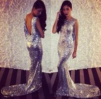 2019 Sparky Sequined Mermaid Evening Dresses Hot Selling New Court Train Fashionable Silver Backless Prom Party Gowns Celebrity Dress E150