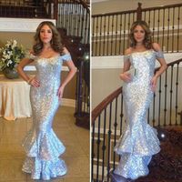 Sparkly Sequined Mermaid Evening Dresses Off Shoulder Tiered...