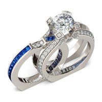 패션 925 스털링 실버 공주 컷 블루 사파이어 다이아몬드 CZ 보석 반지는 여성을위한 약혼 결혼 신부 밴드 반지 손가락을 설정