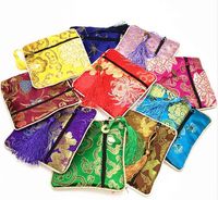 HIgh Quality Small Zipper Pouch Party Favor Square Tassel Coin Purse Silk Brocade Jewelry Gift Packaging Bags 10pcs/pack