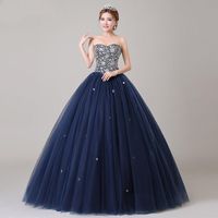 ANGEL NOVIAS Long Ball Gown Puffy Plus Size Navy Blue Crystal Prom Dress 2018