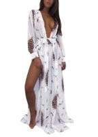 2018 Sommar Sexiga Kvinnor Chiffon Kimono Bikini Cover Up Leopard Kontrastfärg Split Cardigan Beach Maxi Blusar Coverups Kvinna