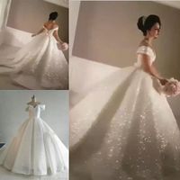 Bling A-line Sequin Wedding Dresses Off-Shoulder Chapel Train Glitter Glued Lace Real Image Cinderella Sexy Puffy Bridal Gowns