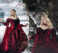 Belle au bois dormant gothique princesse médiévale rouge et noir robe de mariée robe de mariée manches longues en dentelle appliques mascarade victorienne robes de mariée