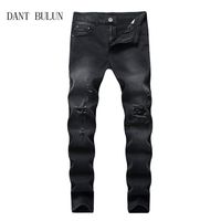 Black Jeans rasgados Homens magro buracos magro Biker jeans destruído mens designer corredor calças hip hop calças de rua