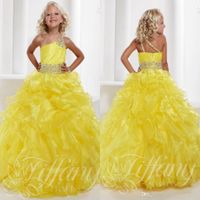 Neue Schulter Gelb Organza Ballkleid Kleid Prinzessin Sashon Perlen Blumen Formale Kleid Glitz Girl's Pageant Kleider