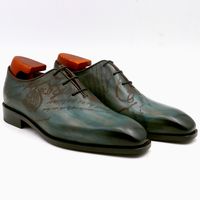 Zapato de vestir para hombre Zapato Oxford Calzado hecho a mano a medida Piel de becerro cuadrada dedo del pie liso corte entero pátina pavo real grano completo OX-001