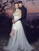 2018 High Neck Lace Appliques Brautkleider mit abnehmbarem Rock Langarm Funkeln Perlen Sexy Arabisch Design Brautkleider