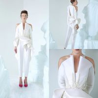 2019 AzziOsta Bianco Prom Dresses scollo a V manica lunga donne tuta in pizzo appliques perline abito da sera su misura abiti da fidanzamento
