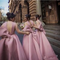 2019 Barato Blush Satin Ankle Length Festa de Casamento Convidado Vestidos de Dama De Honra Vestido Com Halter Grande Arco de Volta 16 Doce Vestido Formal
