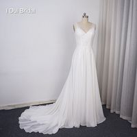 Chiffon una linea di abito da sposa 2020 scollo a V in pizzo con perline appliques Illusione posteriore con bottone