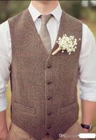 2019 Vintage Brown Tweed Weste Wolle Herringbone Bräutigam Westen britischen Stil Herren Anzug Westen Slim Fit Mens Kleid Weste benutzerdefinierte Hochzeit Weste