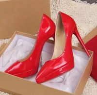 Com caixa de 2020 mulheres de luxo designer de moda sapatos de salto alto 12..5cm couro genuíno nus couro vermelho dedos apontados preto Bombas fundos Vestido