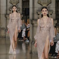 2019 Seksi Illusion Gelinlik Modelleri Uyluk Yüksek Yarıklar Kadınlar Akşam Özel Durum Elbise Georges Hobeika Binbaşı Boncuk Parti Törenlerinde