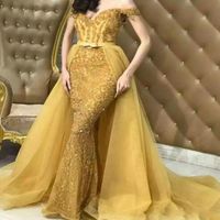 Le più nuove Perline d'oro Off spalla Mermaid Abiti da sera Overskirt formale Arbric 2019 Abiti da promenade Pageant Abiti Robe De Soiree