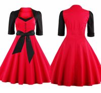 Nyaste lapptäcke kvinnor arbete klänningar röd med svart vintage fyrkantig halsringning halv ärm swing kvinnor avslappnad klänning plus storlek FS1110