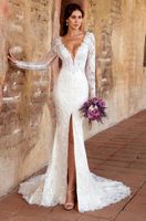 Modest mangas compridas Sereia vestidos de casamento árabe Lace V Neck Appliqued Trem da varredura vestidos de noiva Dividir Kitty Chen Formal Vestidos de novia