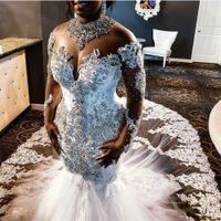 Lujoso cristal puro cuello sirena vestidos de novia cuello de manga larga apliques de encaje largo tren vestido de novia más tamaño vestido nupcial