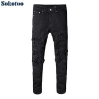 Sokotoo Men' s black patchwork stretch denim biker jeans...