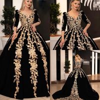 Black Long Sleeves Ball Gown Evening Dresses Vintage Gold Appliques V Neck Ball Gown Prom Gown Plus Size Formal Quinceanera Party Dress